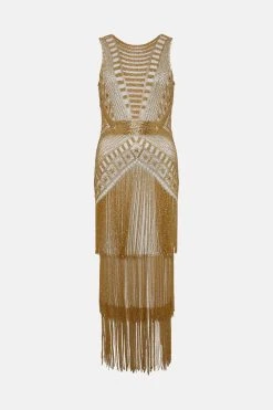 Karen Millen Beaded Fringed Tiered Maxi Dress -Karen Millen shop yellow beaded fringed tiered maxi dress 4