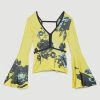 Karen Millen Slinky Knit Jacquard Floral Top -Karen Millen shop yellow slinky knit jacquard floral top